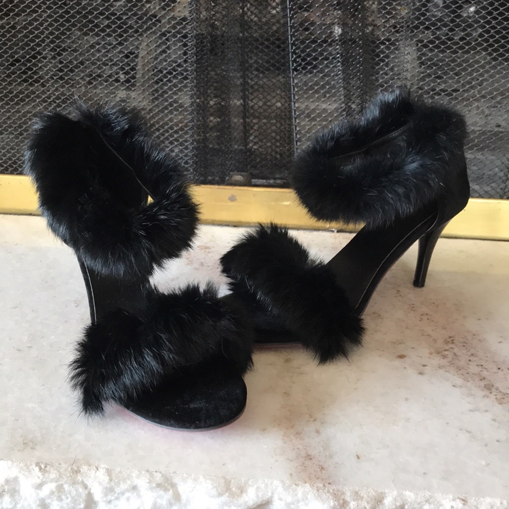 Black fur ankle strap heels